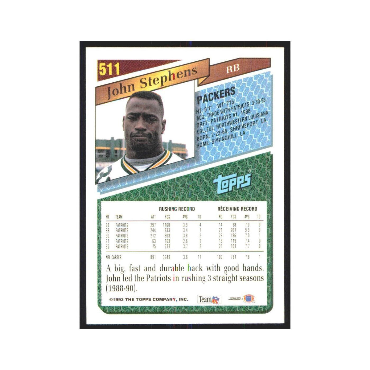 1993 Topps John Stephens Packers #511