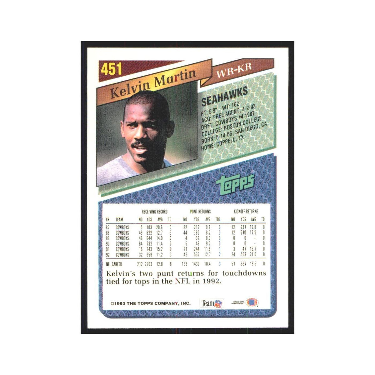 1993 Topps Kelvin Martin Seahawks #451