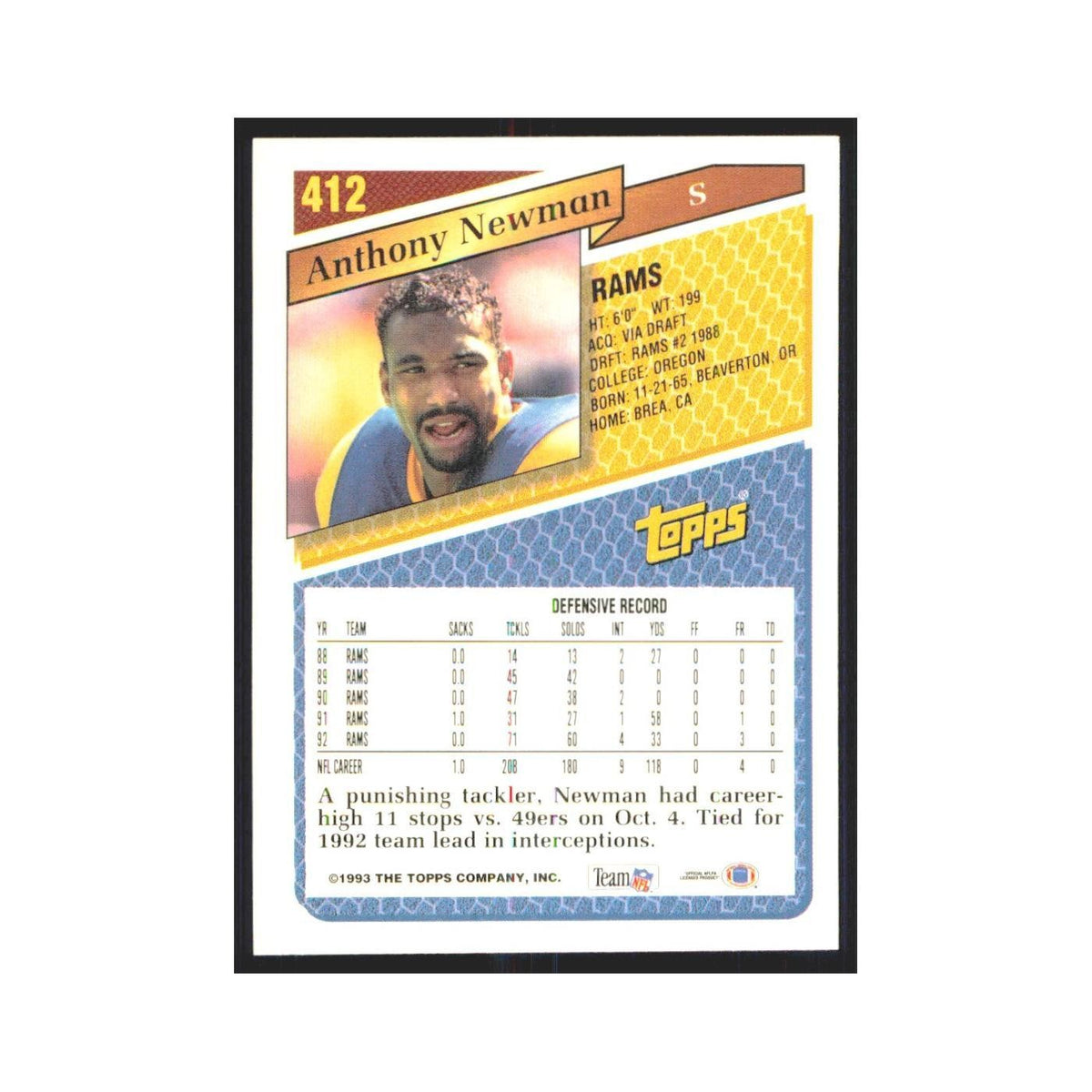 1993 Topps Anthony Newman Rams #412