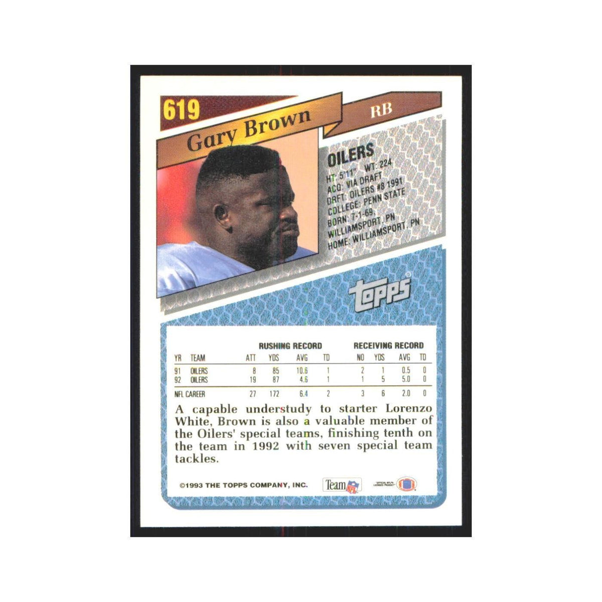 1993 Topps Gary Brown Houston Oilers #619