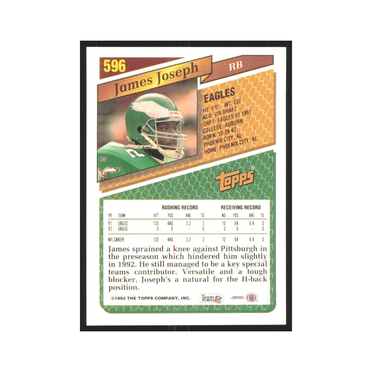 1993 Topps James Joseph Eagles #596