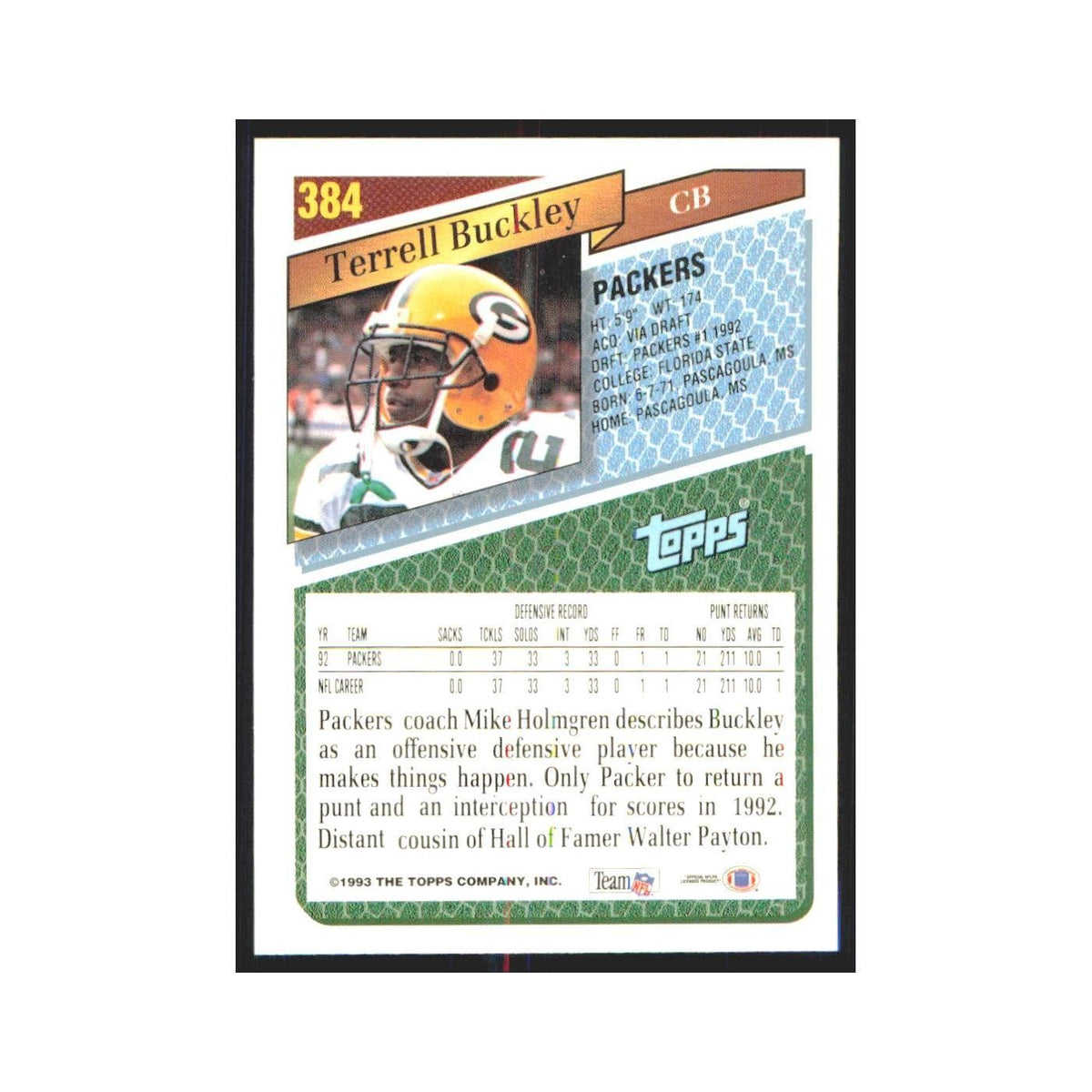 1993 Topps Terrell Buckley Packers #384