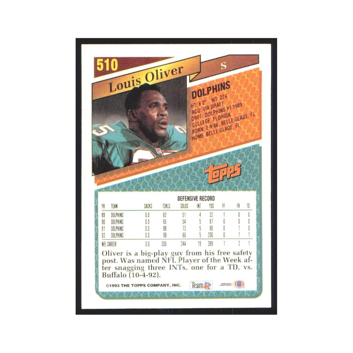 1993 Topps Louis Oliver Dolphins #510