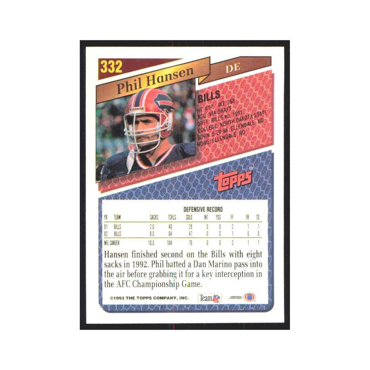 1993 Topps Phil Hansen Bills #332