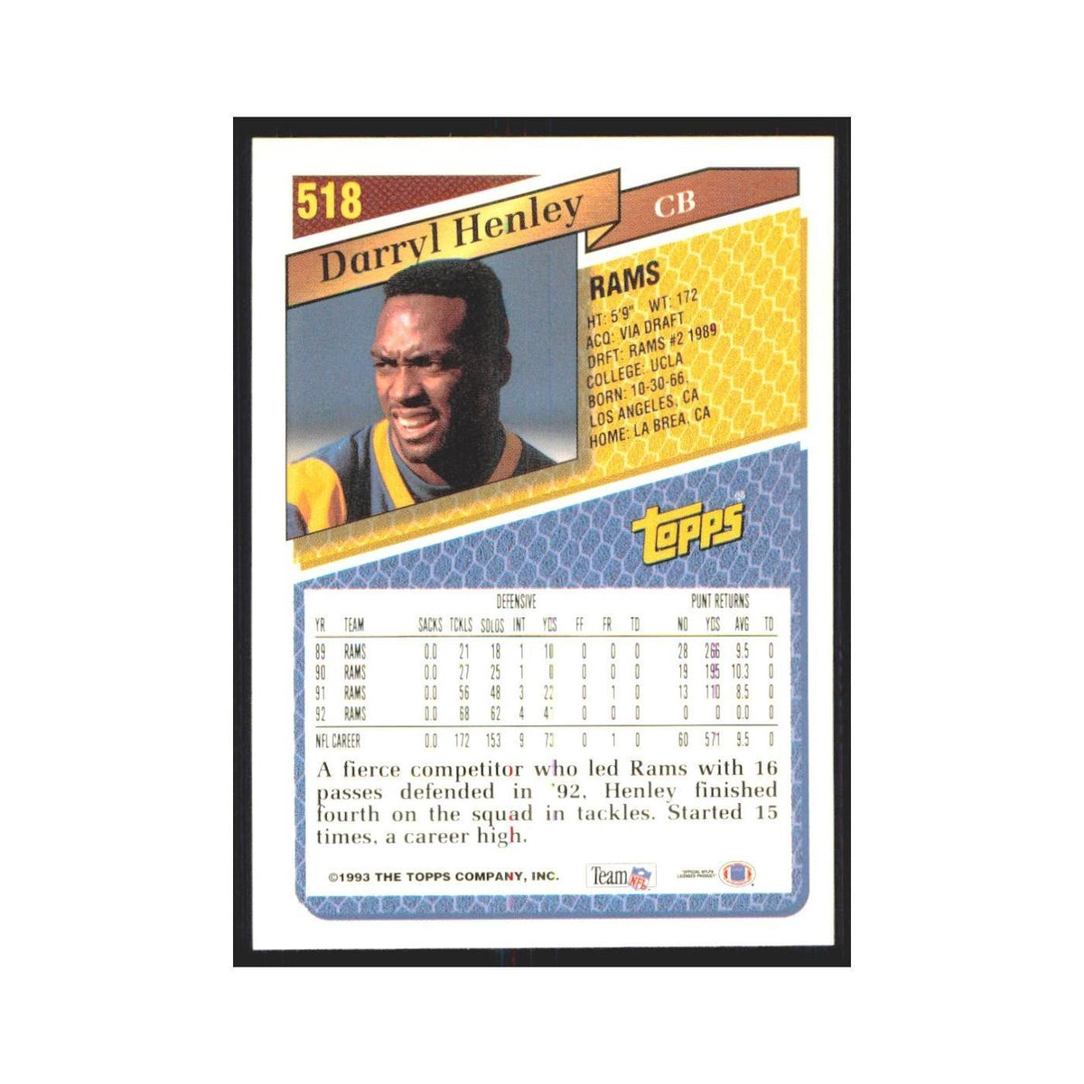 1993 Topps Darryl Henley Rams #518