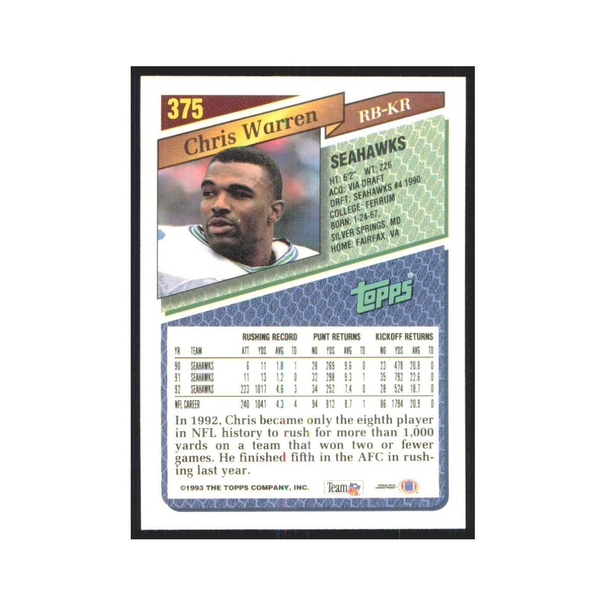 1993 Topps Chris Warren Seahawks #375