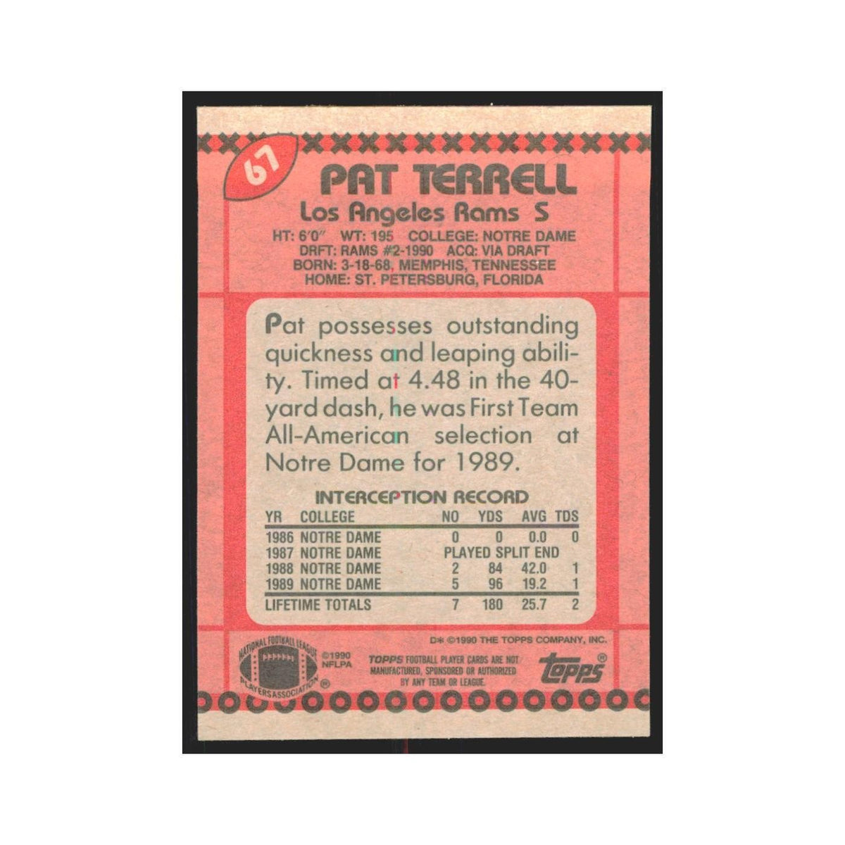 1990 Topps Pat Terrell RC Rams #67