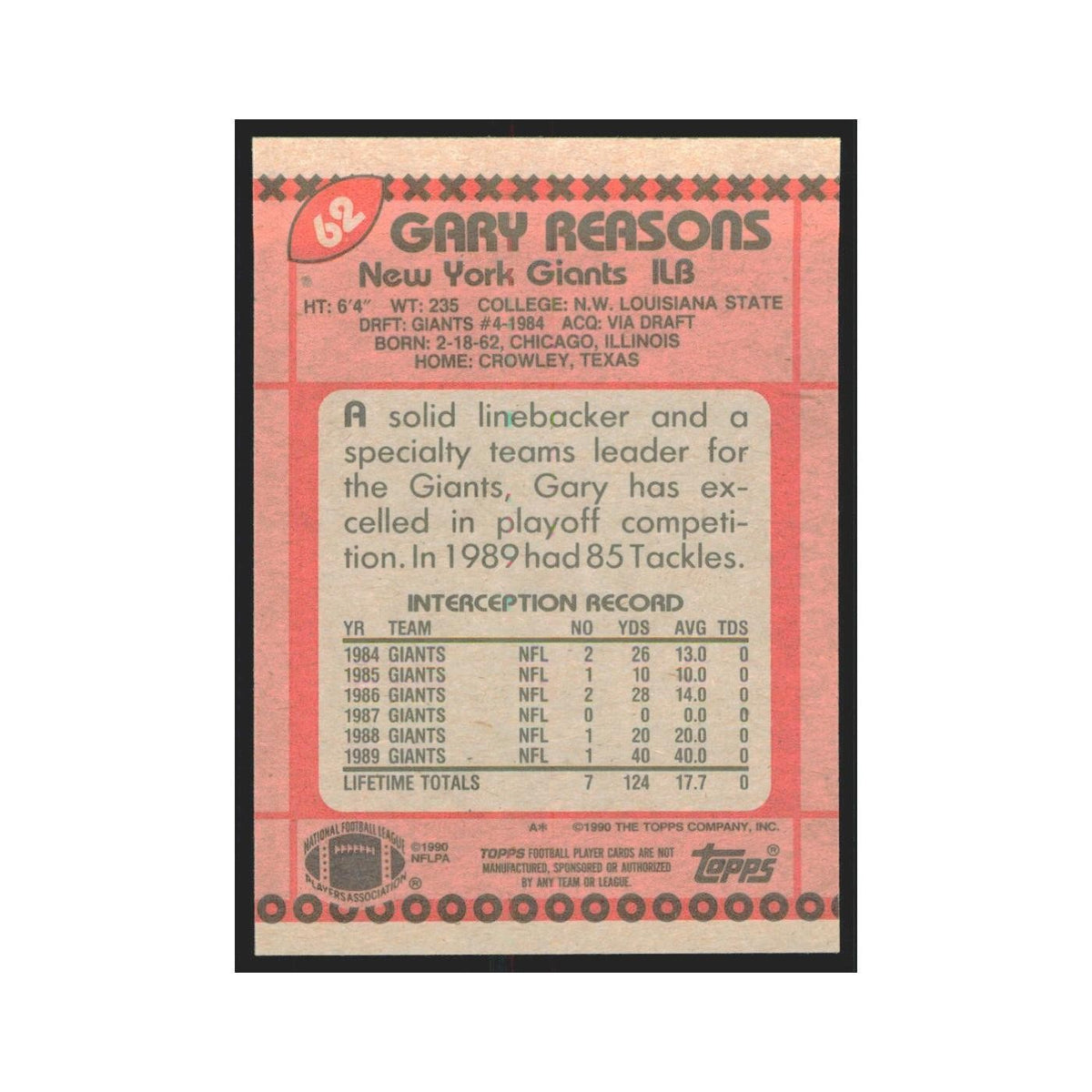1990 Topps Gary Reasons Giants #62