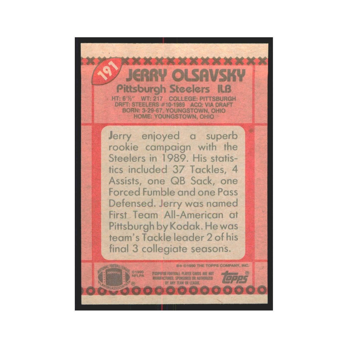 1990 Topps Jerry Olsavsky RC Steelers #191