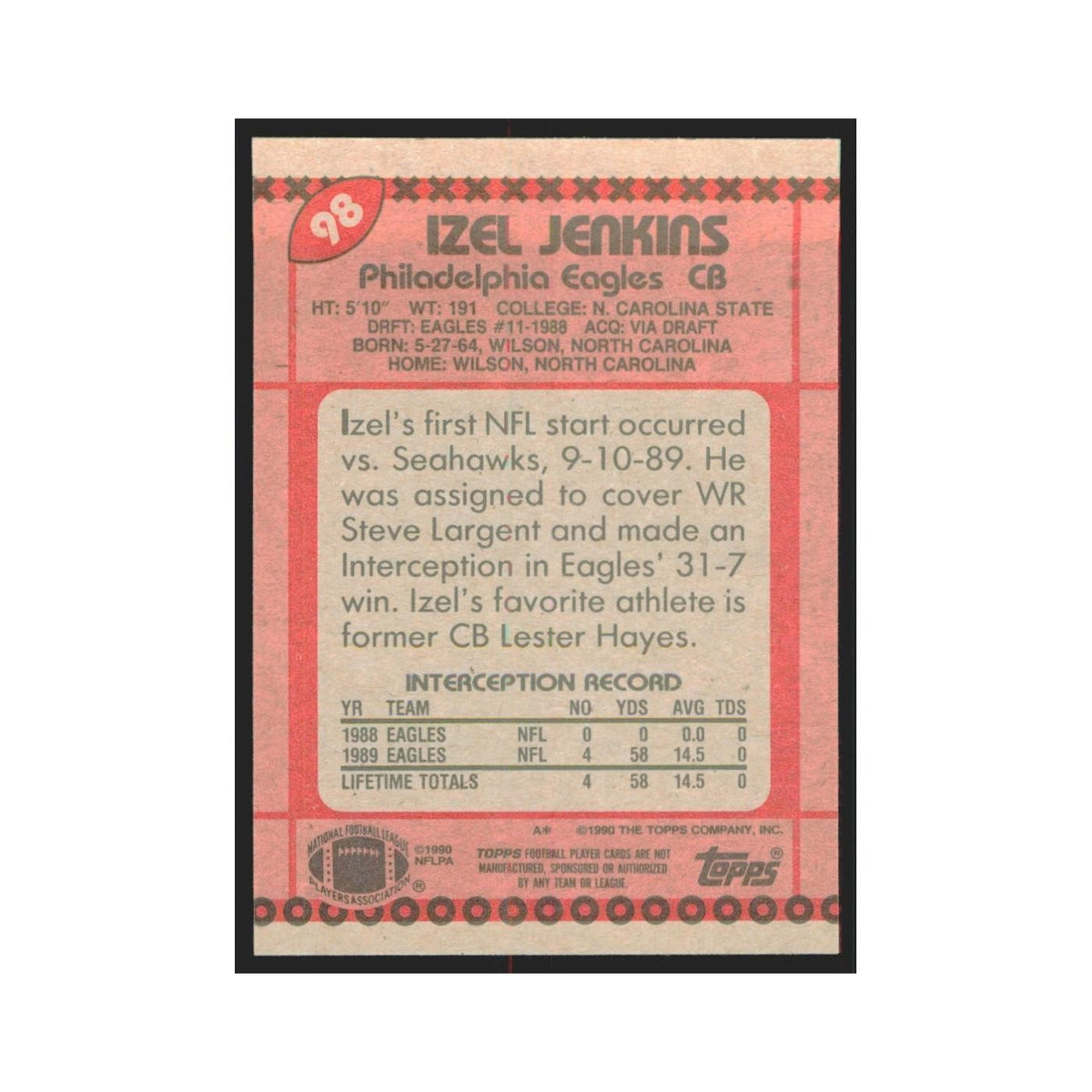 1990 Topps Izel Jenkins RC Eagles #98