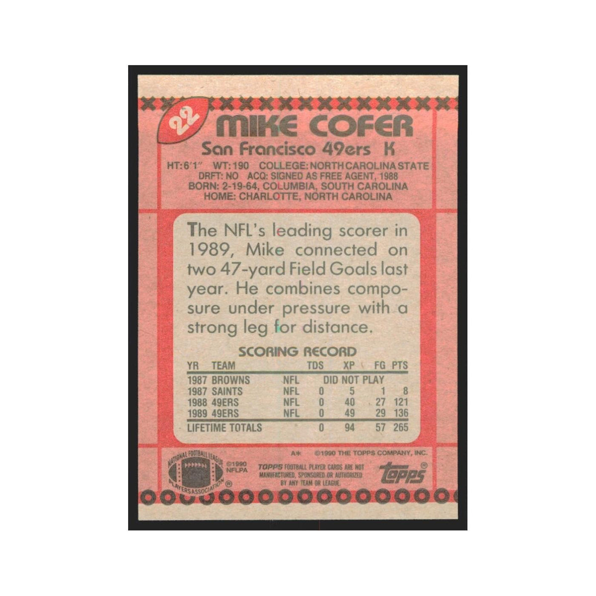 1990 Topps Mike Cofer 49ers #22