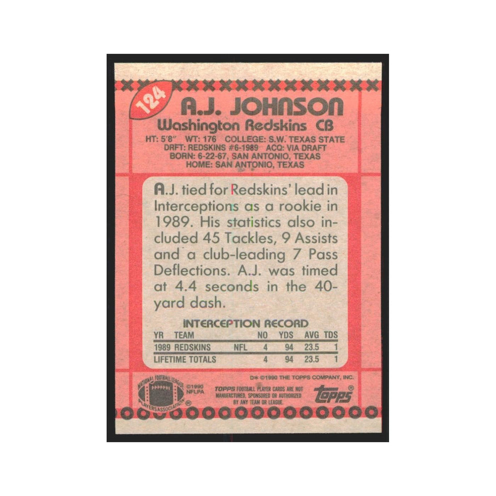 1990 Topps A.J. Johnson Redskins #124