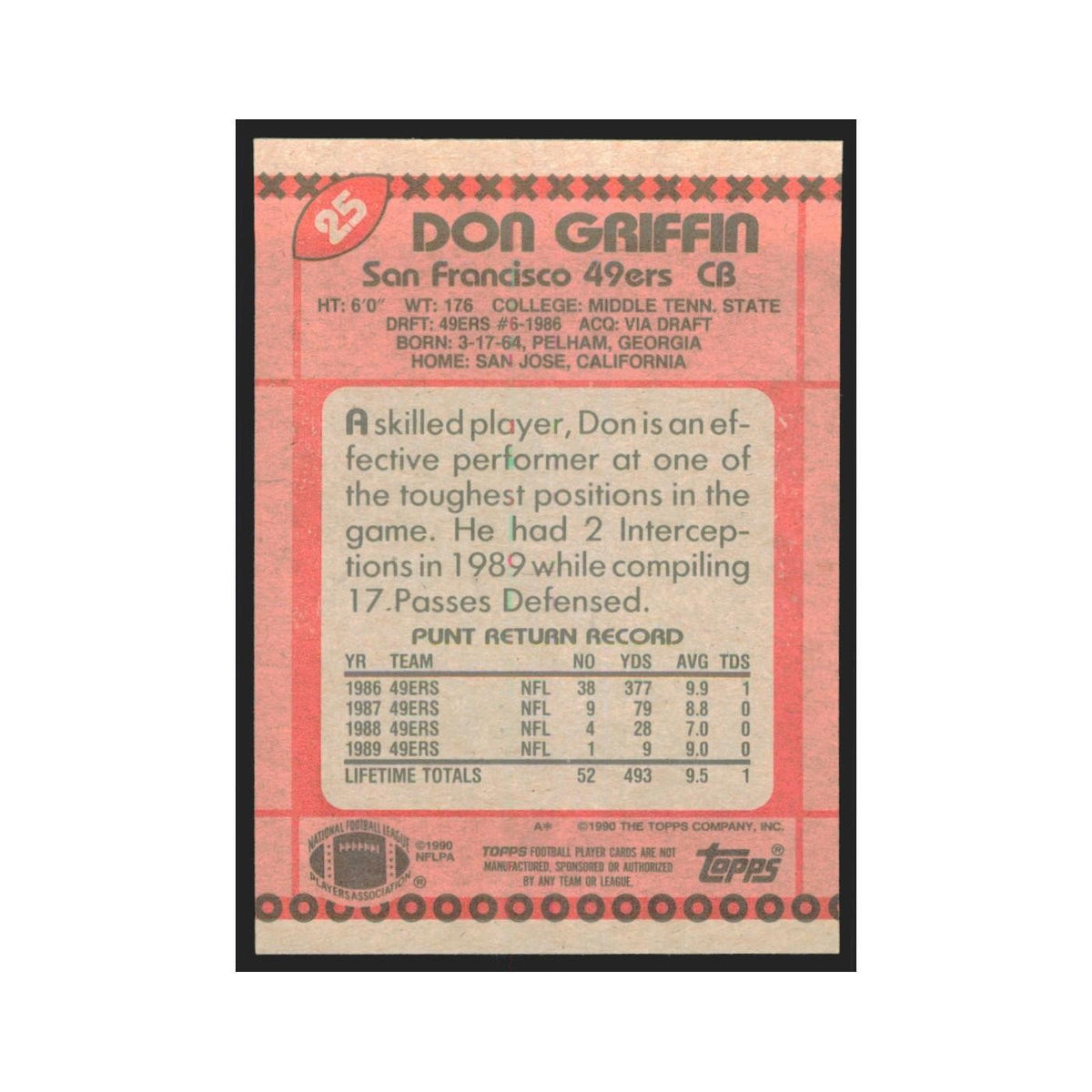 1990 Topps Don Griffin 49ers #25