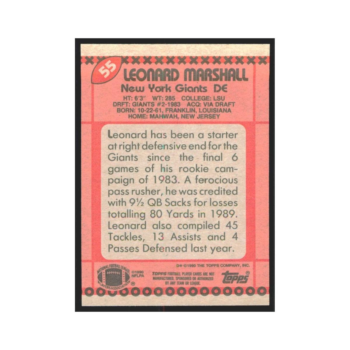 1990 Topps Leonard Marshall Giants #55