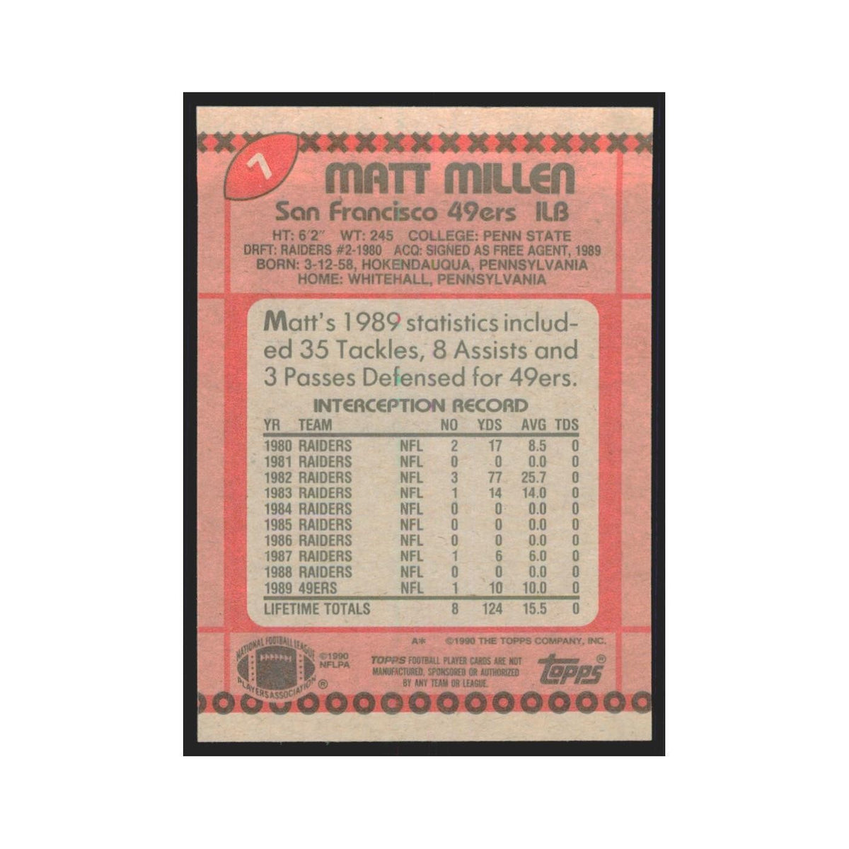 1990 Topps Matt Millen 49ers #7