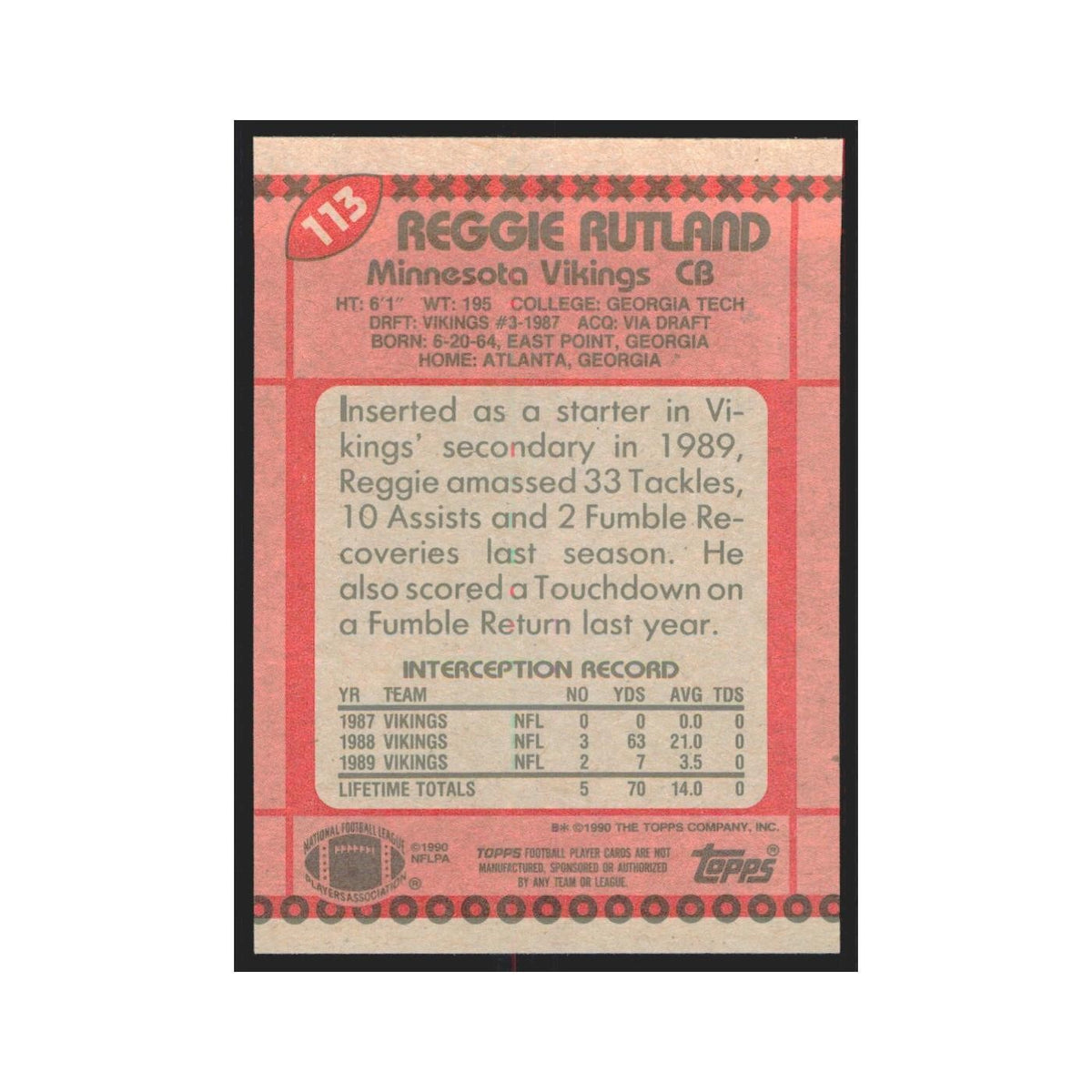 1990 Topps Reggie Rutland RC Vikings #113
