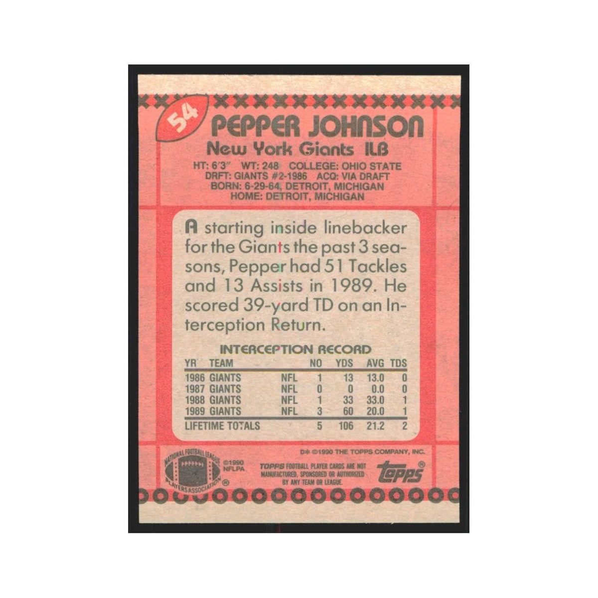 1990 Topps Pepper Johnson Giants #54