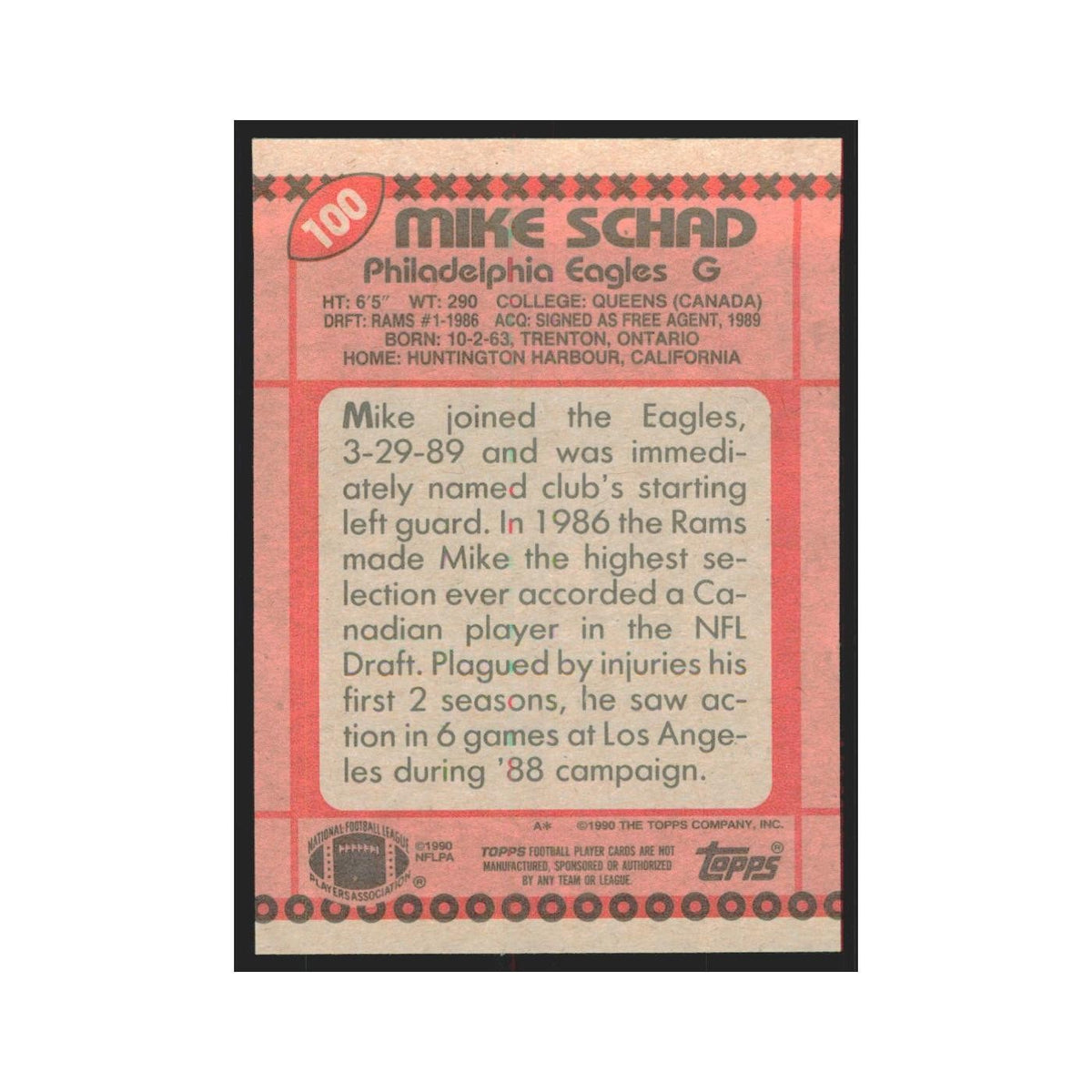 1990 Topps Mike Schad RC Eagles #100