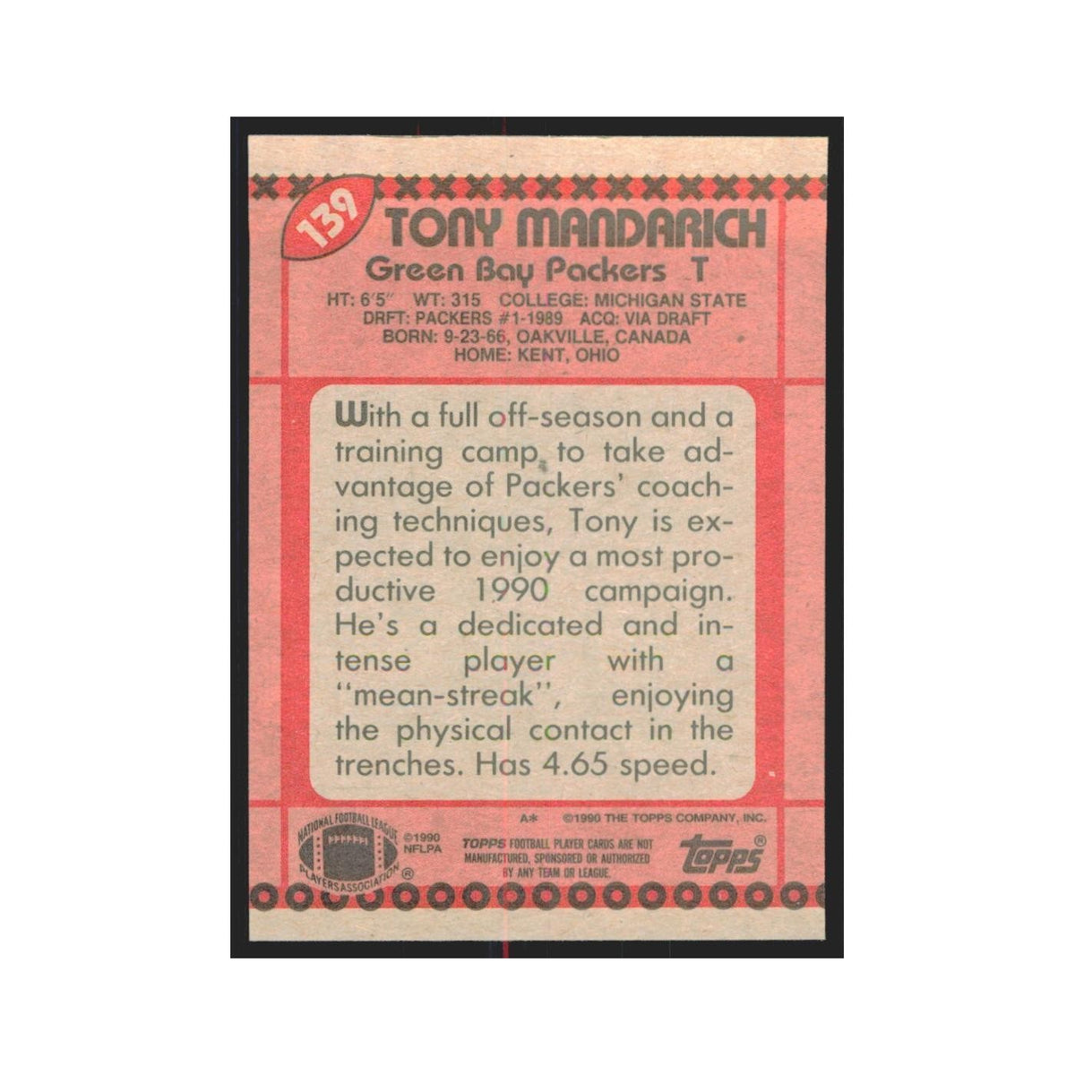 1990 Topps Tony Mandarich Packers #139