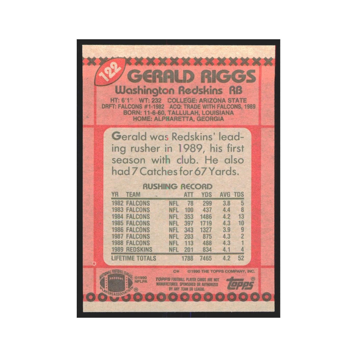 1990 Topps Gerald Riggs Redskins #122