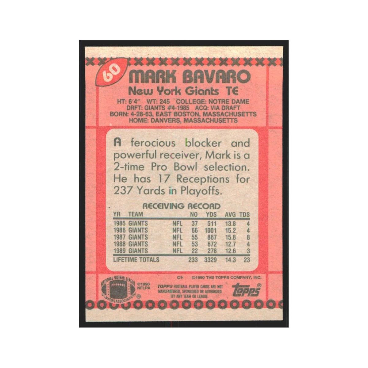 1990 Topps Mark Bavaro Giants #60