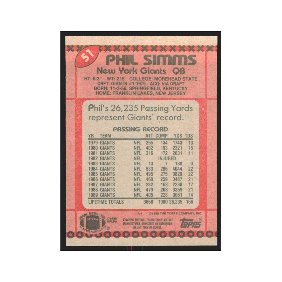 1990 Topps Phil Simms Giants #51