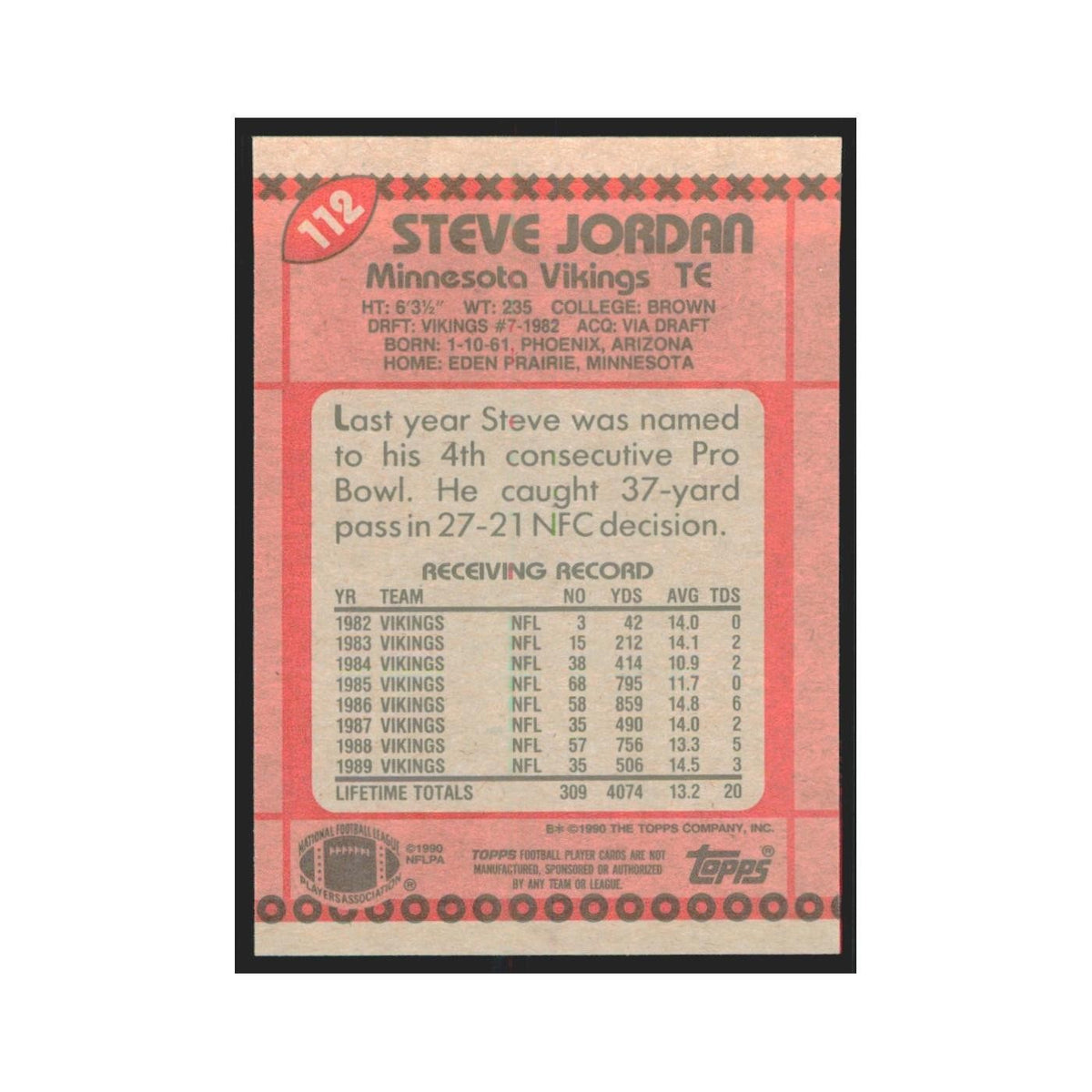1990 Topps Steve Jordan Vikings #112