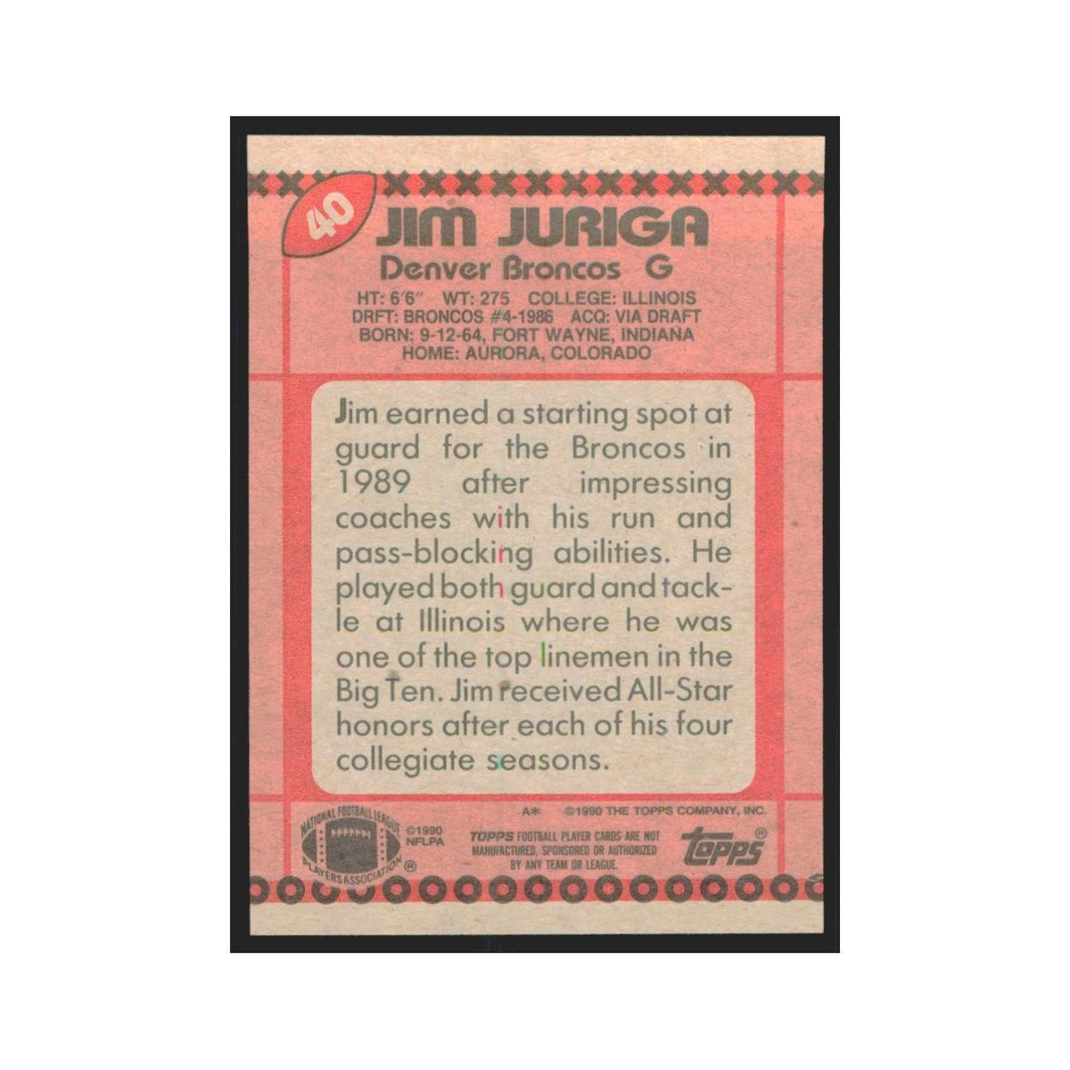1990 Topps Jim Juriga RC Broncos #40