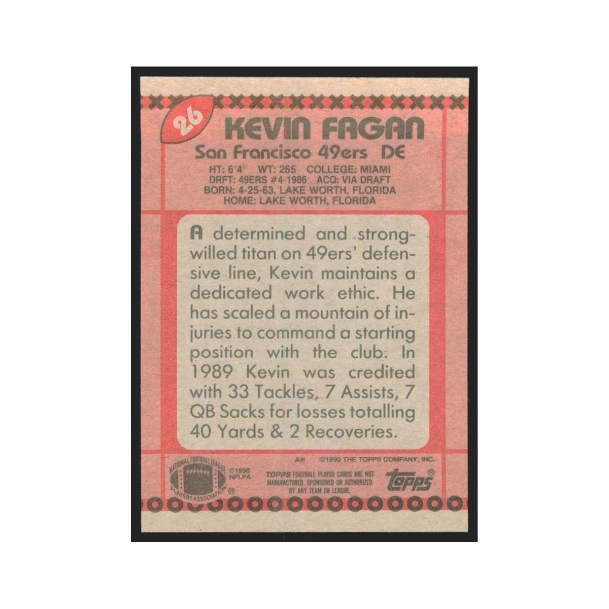 1990 Topps Kevin Fagan RC 49ers #26