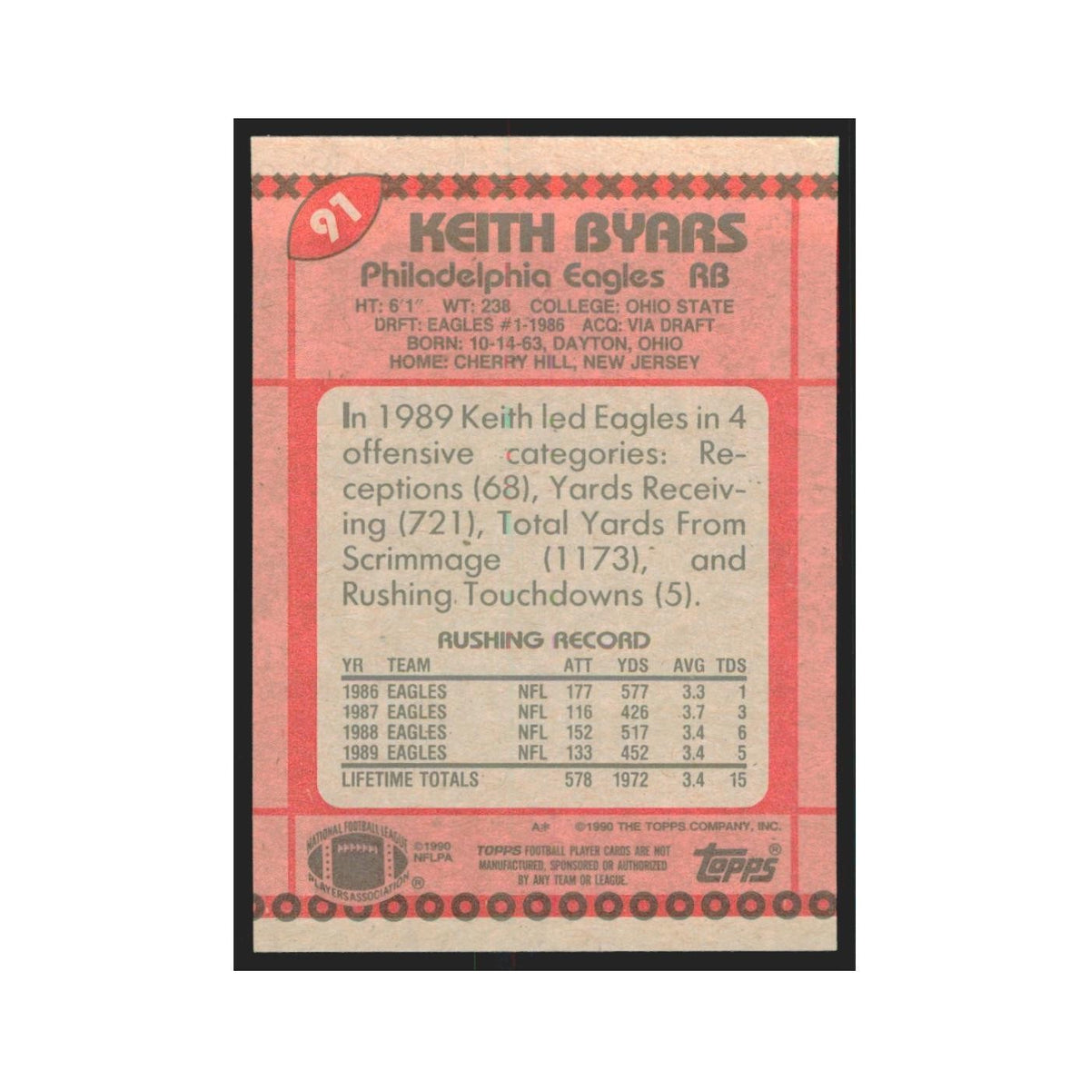 1990 Topps Keith Byars Eagles #91
