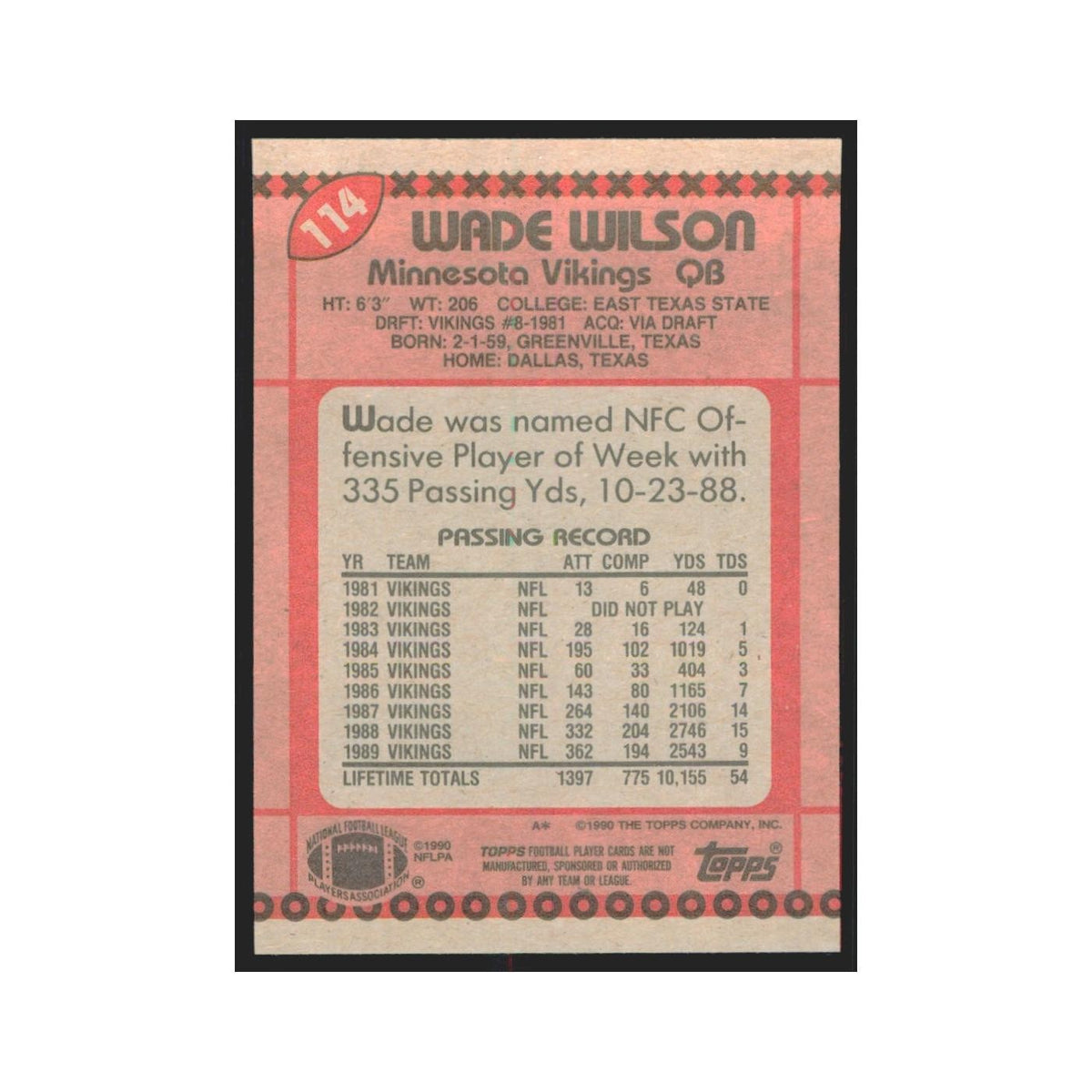 1990 Topps Wade Wilson Vikings #114