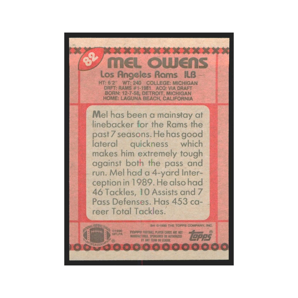 1990 Topps Mel Owens Rams #82