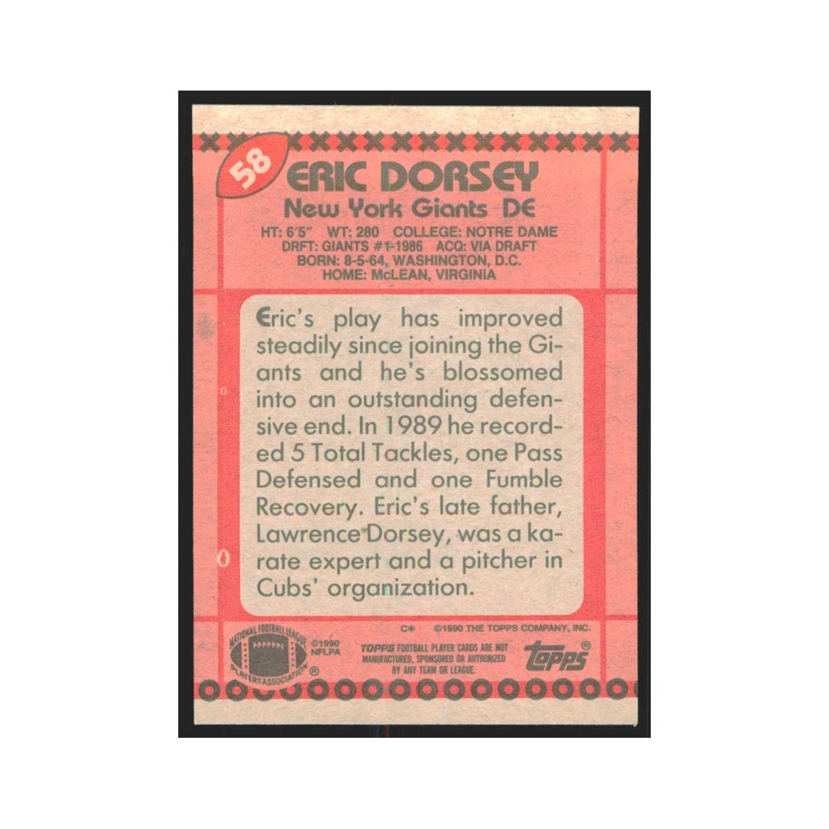 1990 Topps Eric Dorsey RC Giants #58