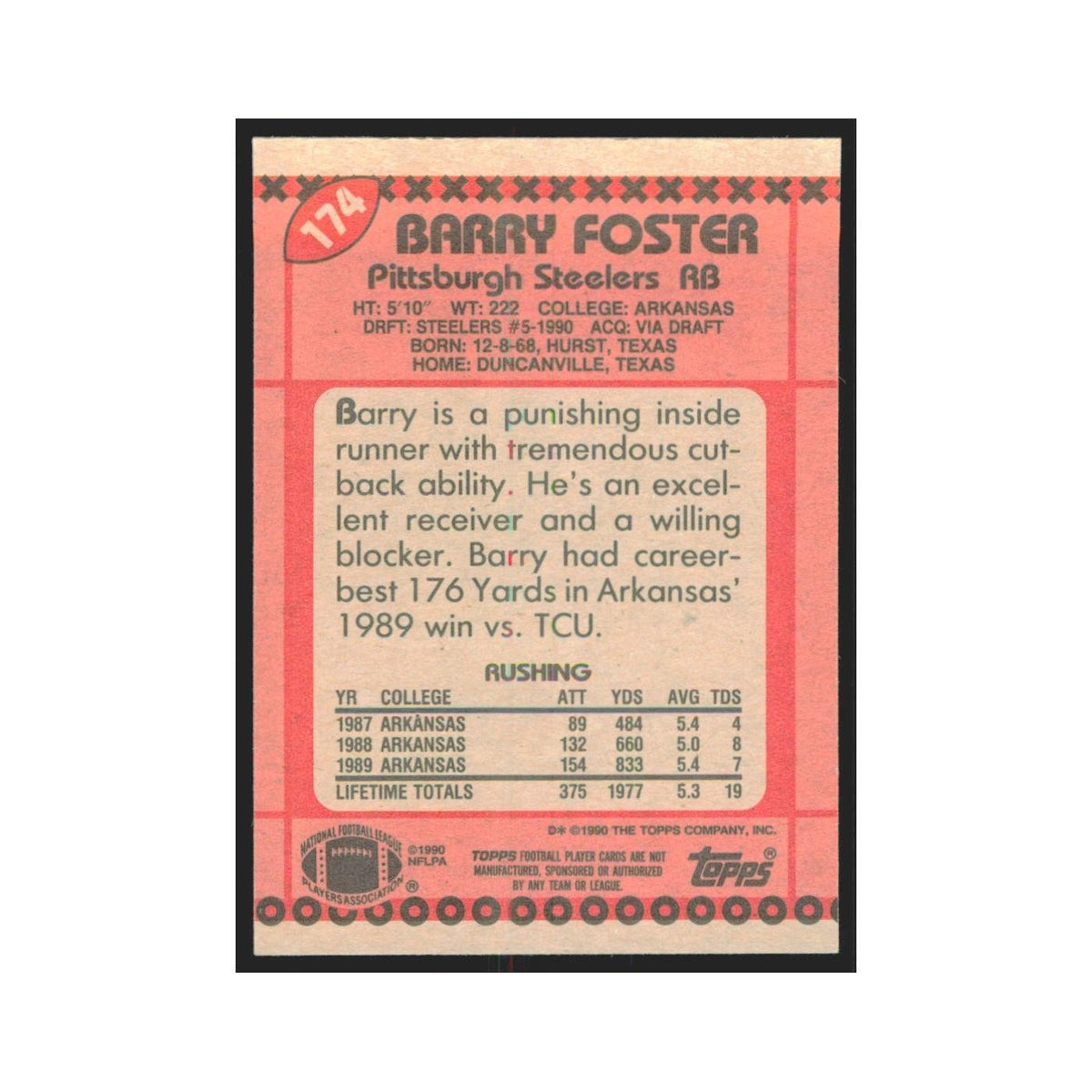 1990 Topps Barry Foster RC Steelers #174