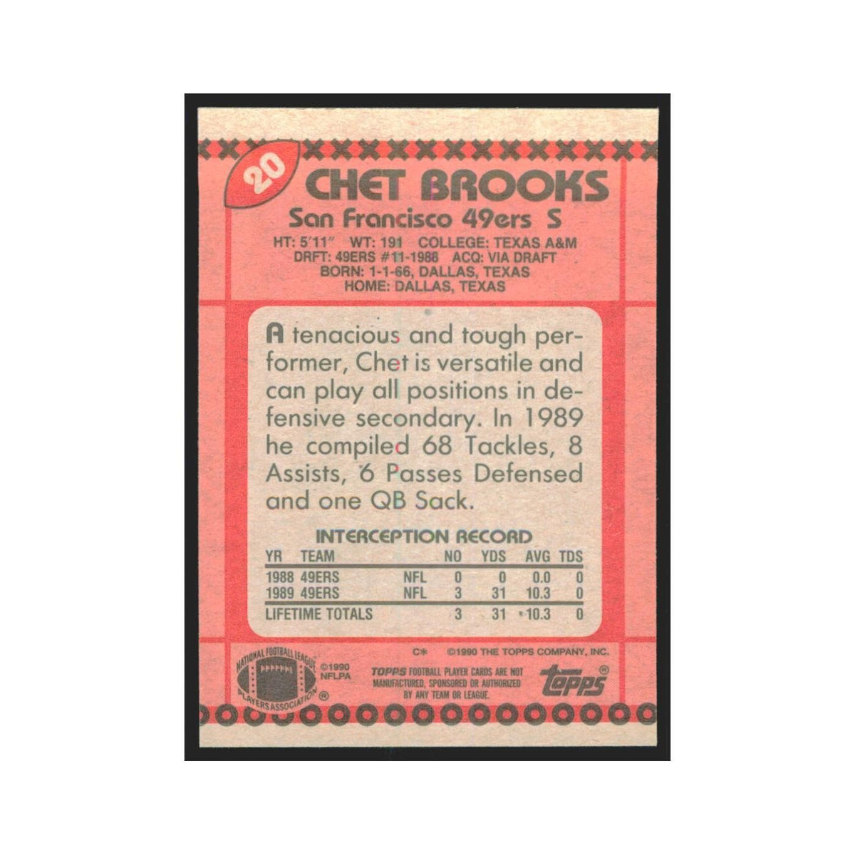 1990 Topps Chet Brooks RC 49ers #20