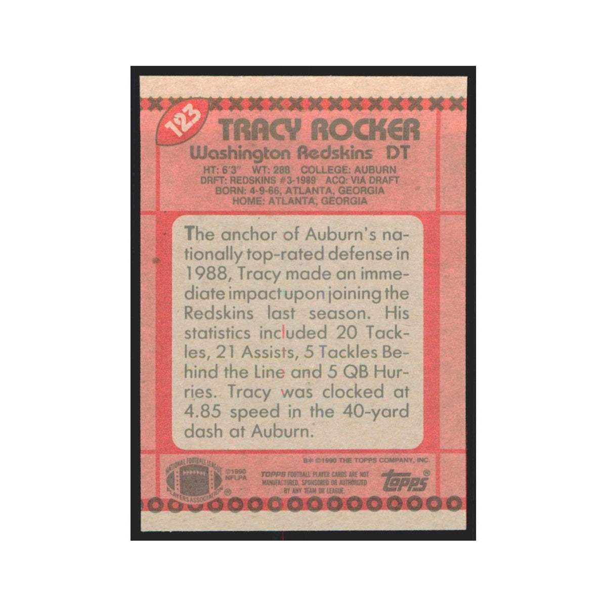1990 Topps Tracy Rocker Redskins #123