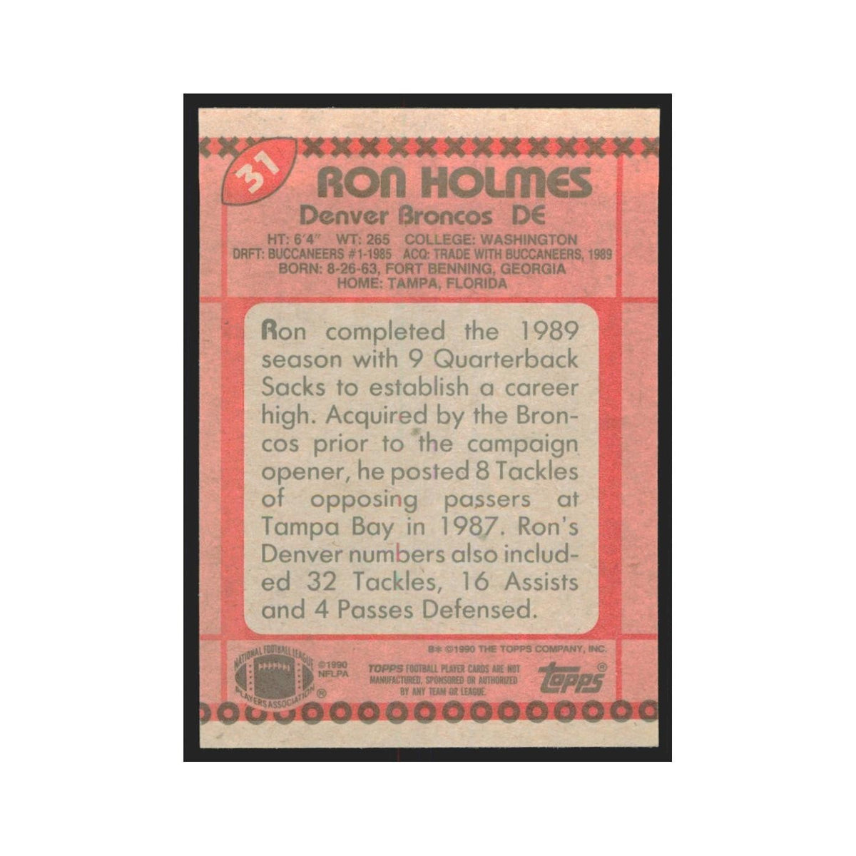 1990 Topps Ron Holmes Broncos #31