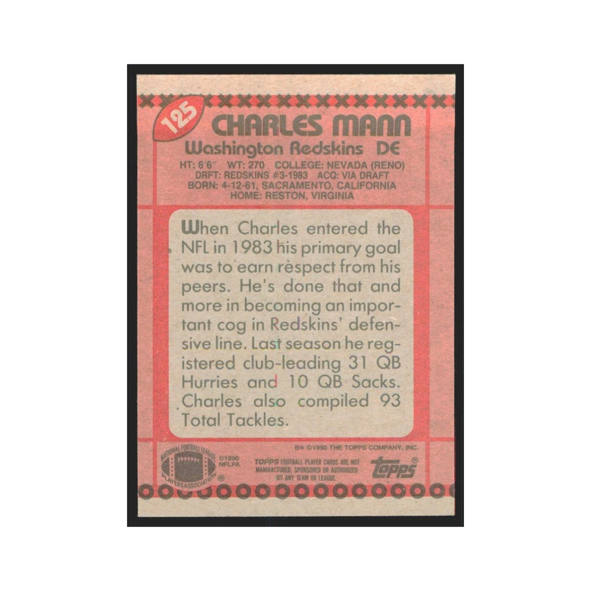 1990 Topps Charles Mann Redskins #125