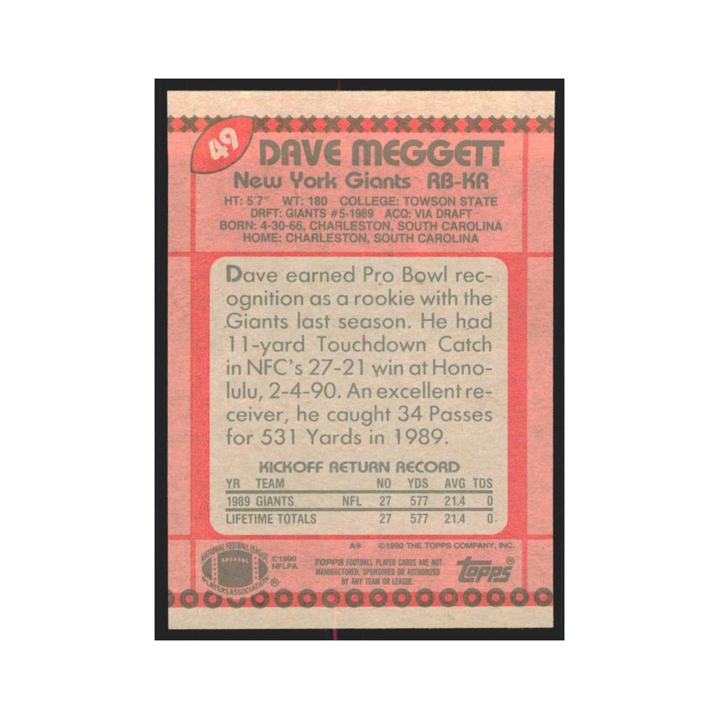 1990 Topps Dave Meggett Giants #49