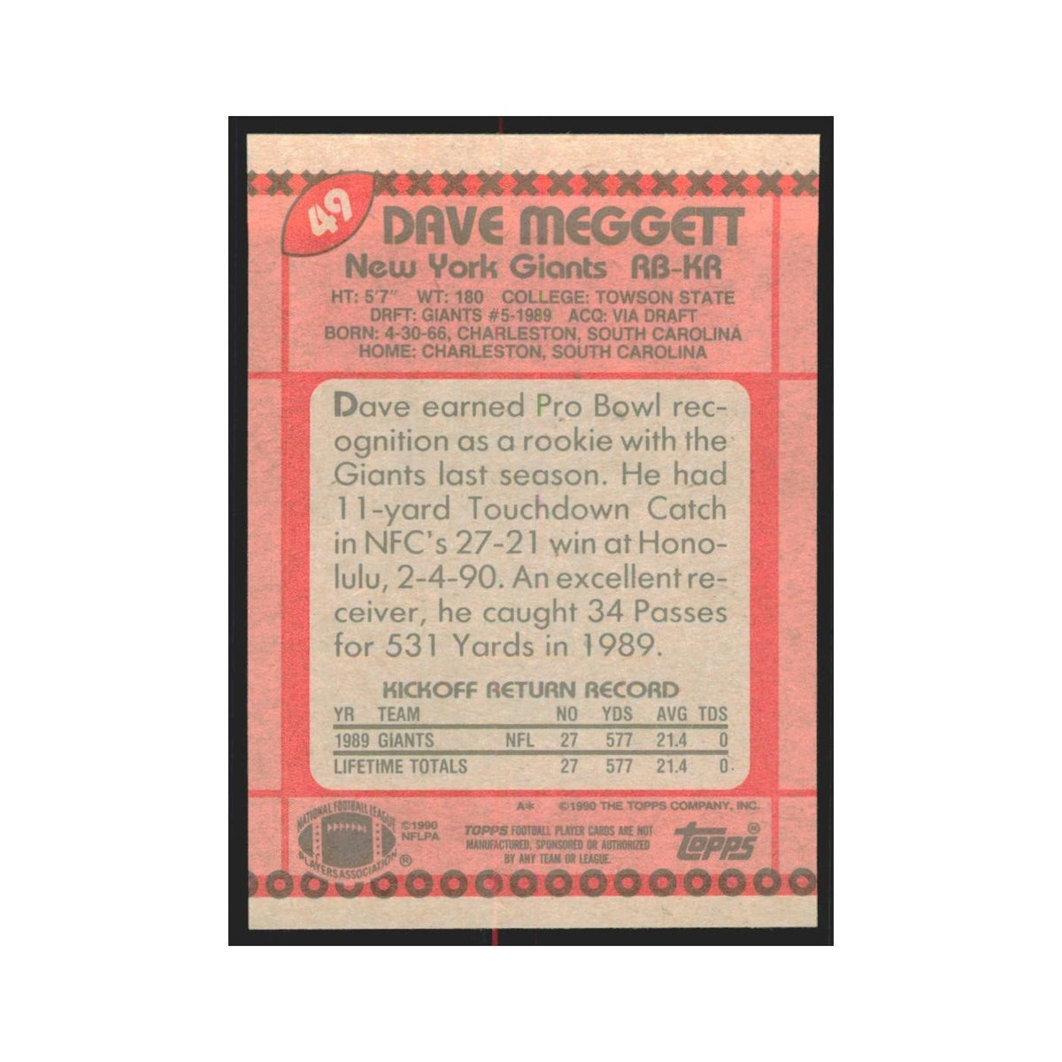 1990 Topps Dave Meggett Giants #49