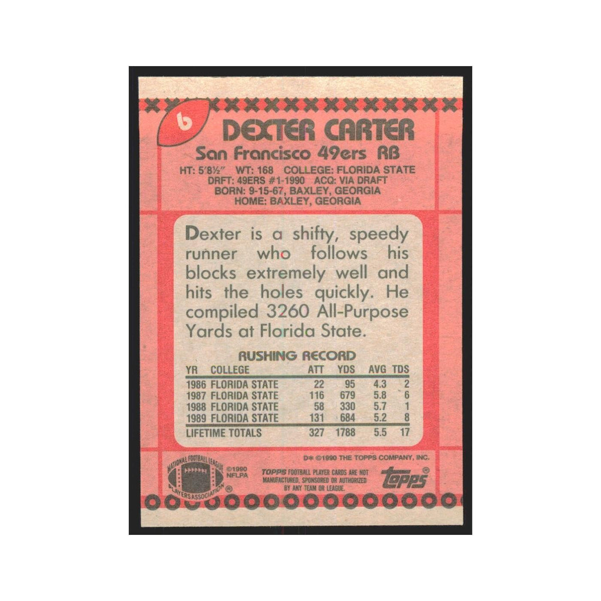1990 Topps Dexter Carter RC 49ers #6
