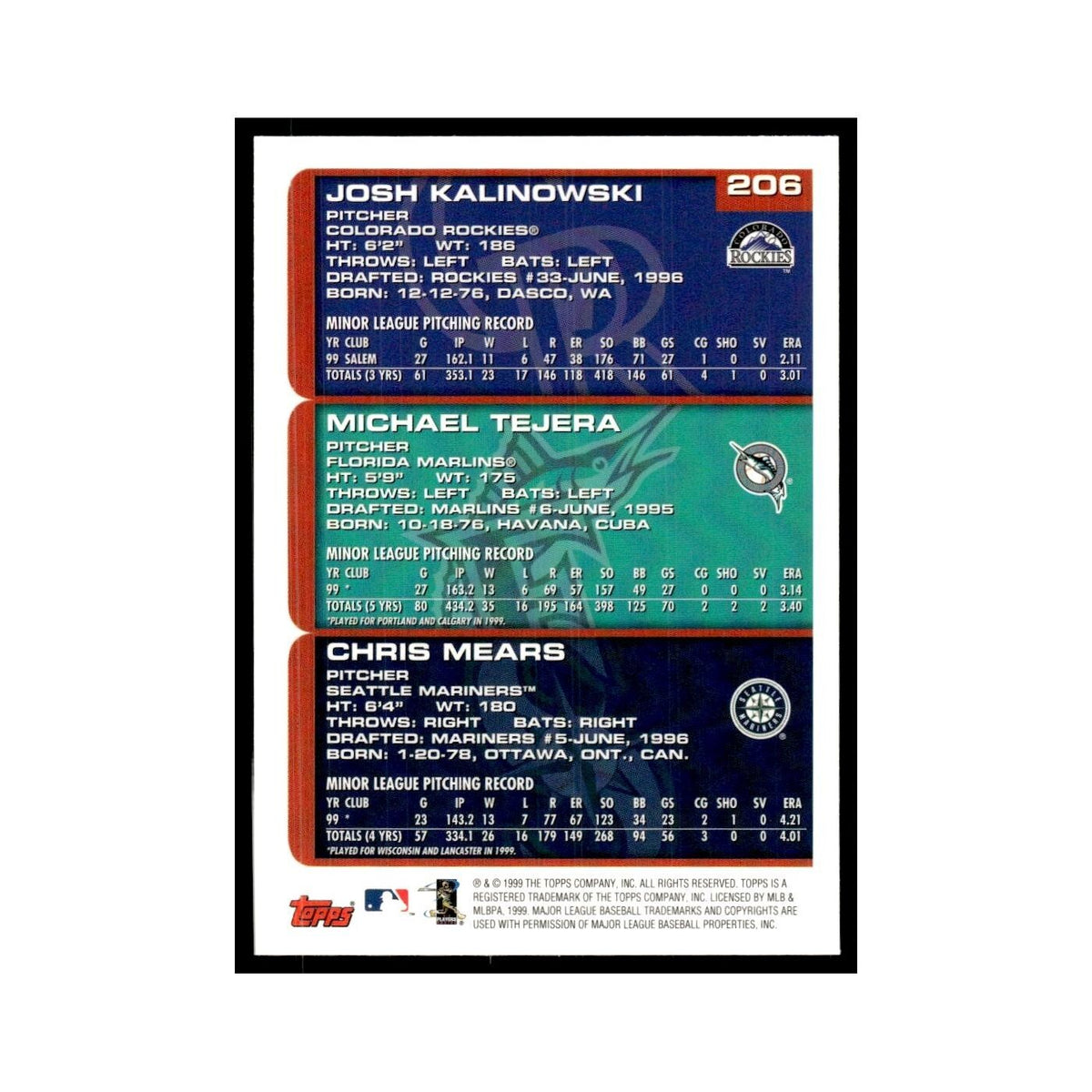 Josh Kalinowski Michael Tejera Chris Mears Rookie 2000 Topps #206 NM