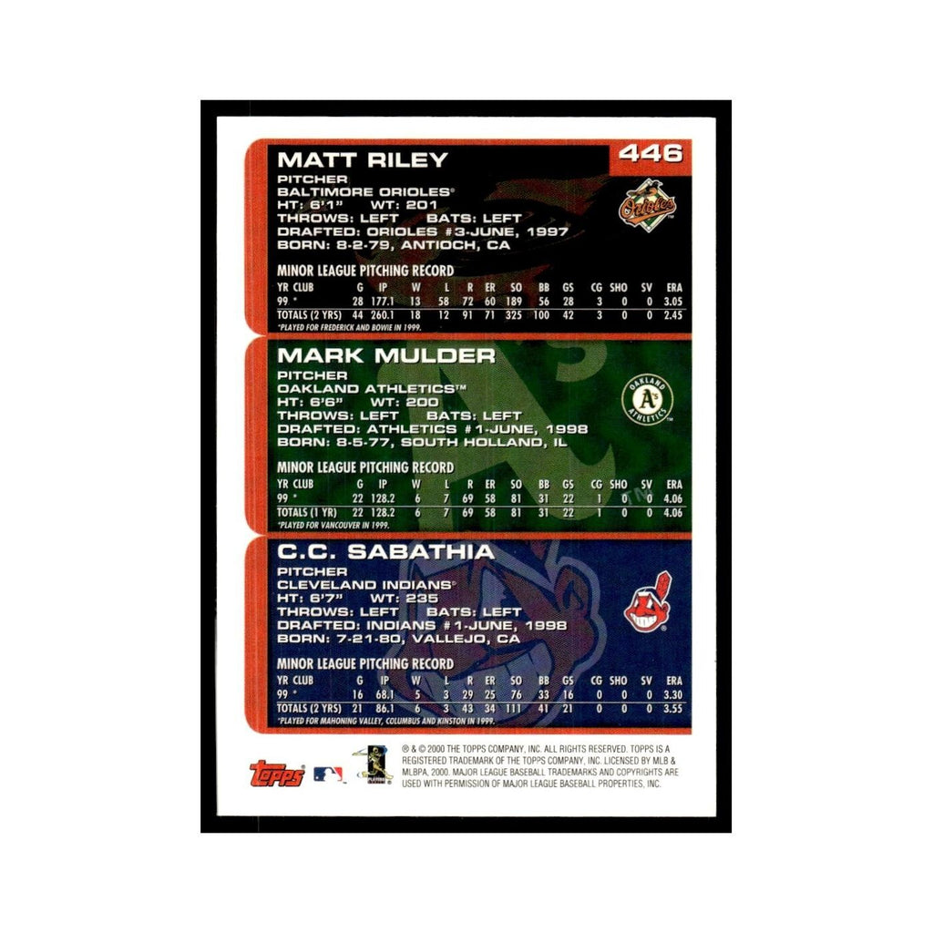 Matt Riley Mark Mulder C.C. Sabathia 2000 Topps #446 Baseball Card NM