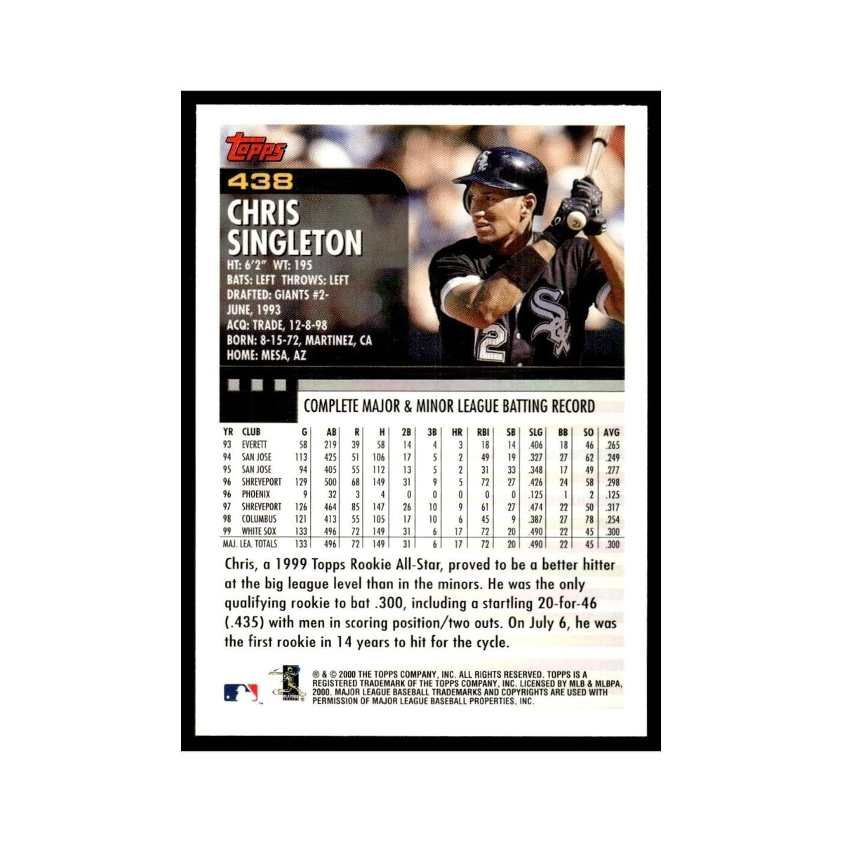 Chris Singleton 2000 Topps #438 Chicago White Sox Baseball Card NM