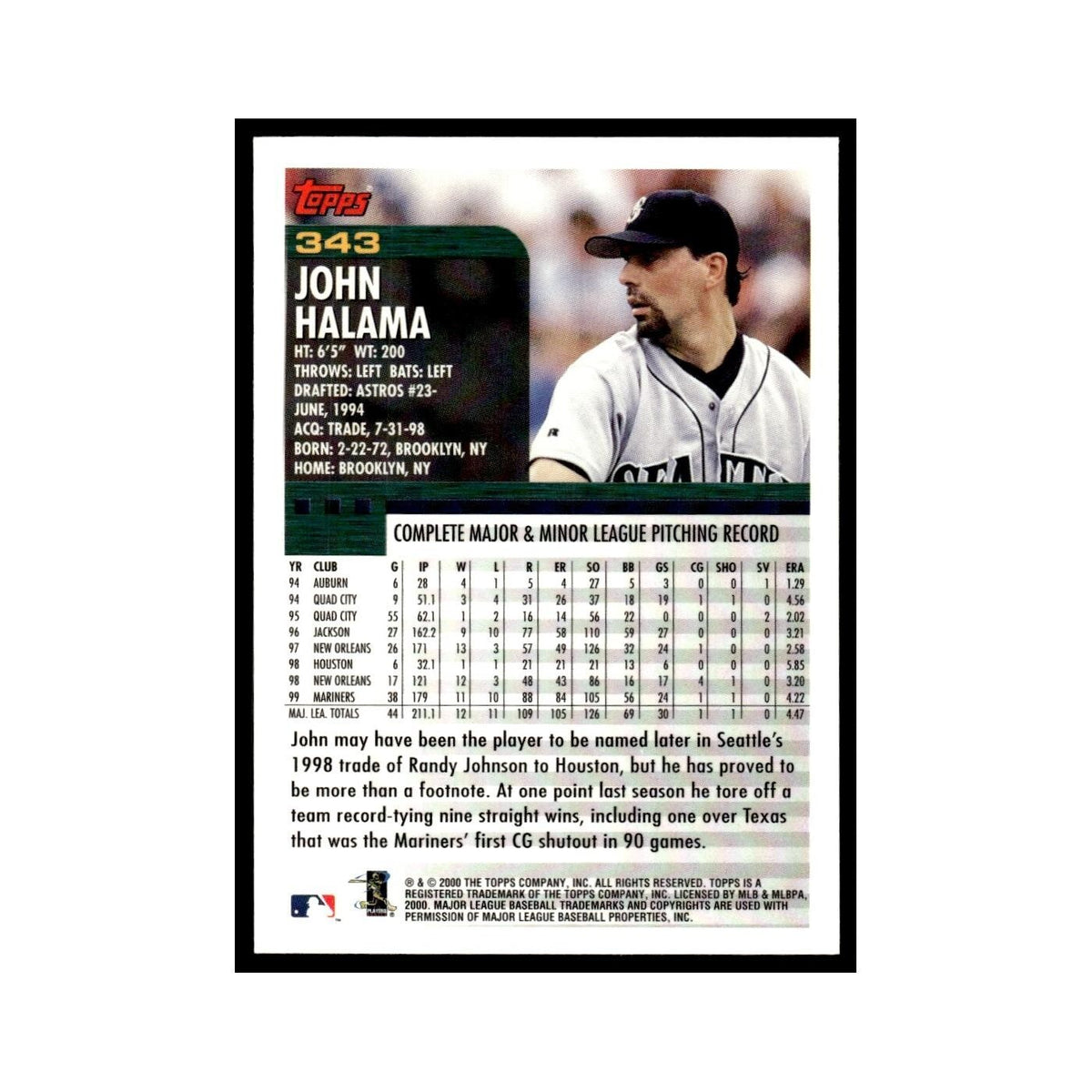 John Halama 2000 Topps #343 Seattle Mariners Baseball Card NM