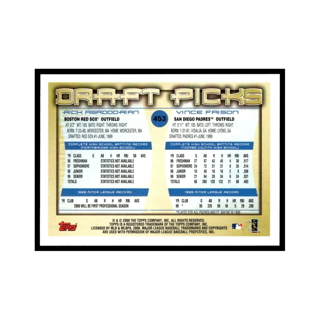 Rick Asadoorian Vince Faison Rookie 2000 Topps #453 Baseball Card NM