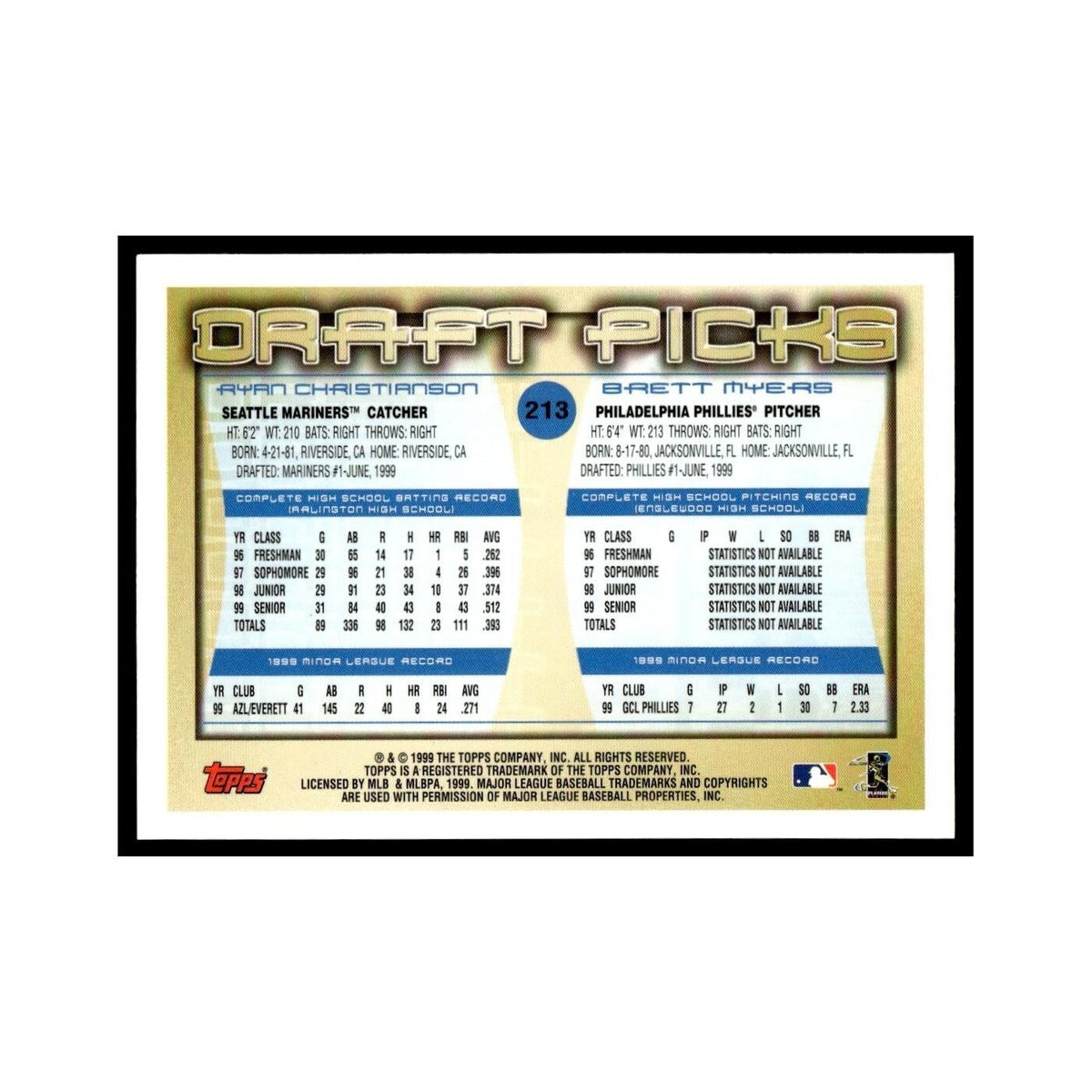 Ryan Christianson Brett Myers Rookie 2000 Topps #213 Baseball Card NM