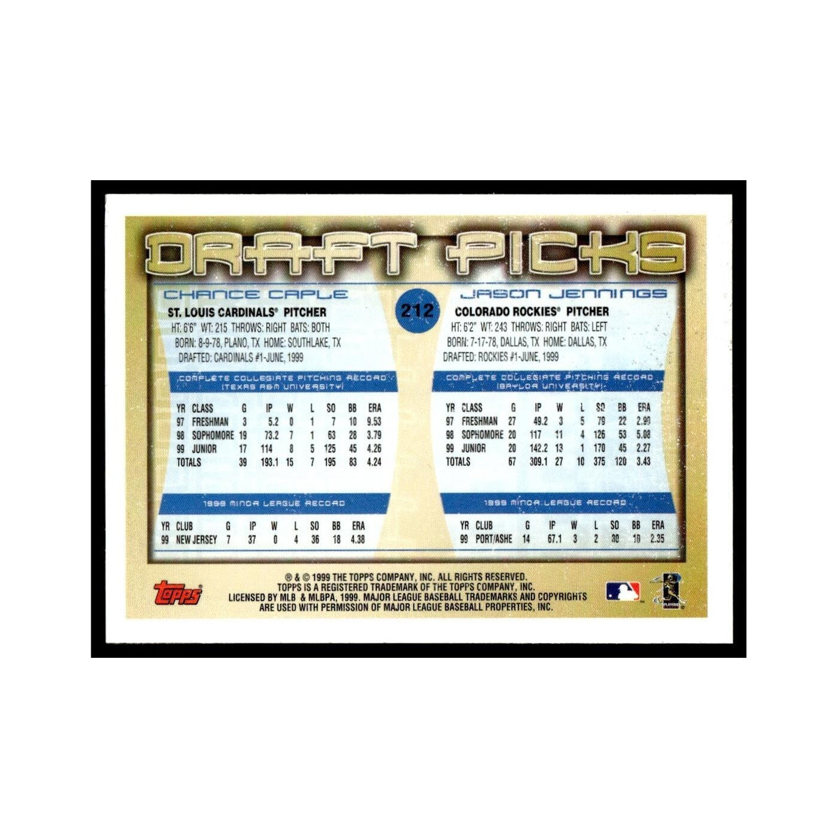 Chance Caple Jason Jennings Rookie 2000 Topps #212 Baseball Card NM