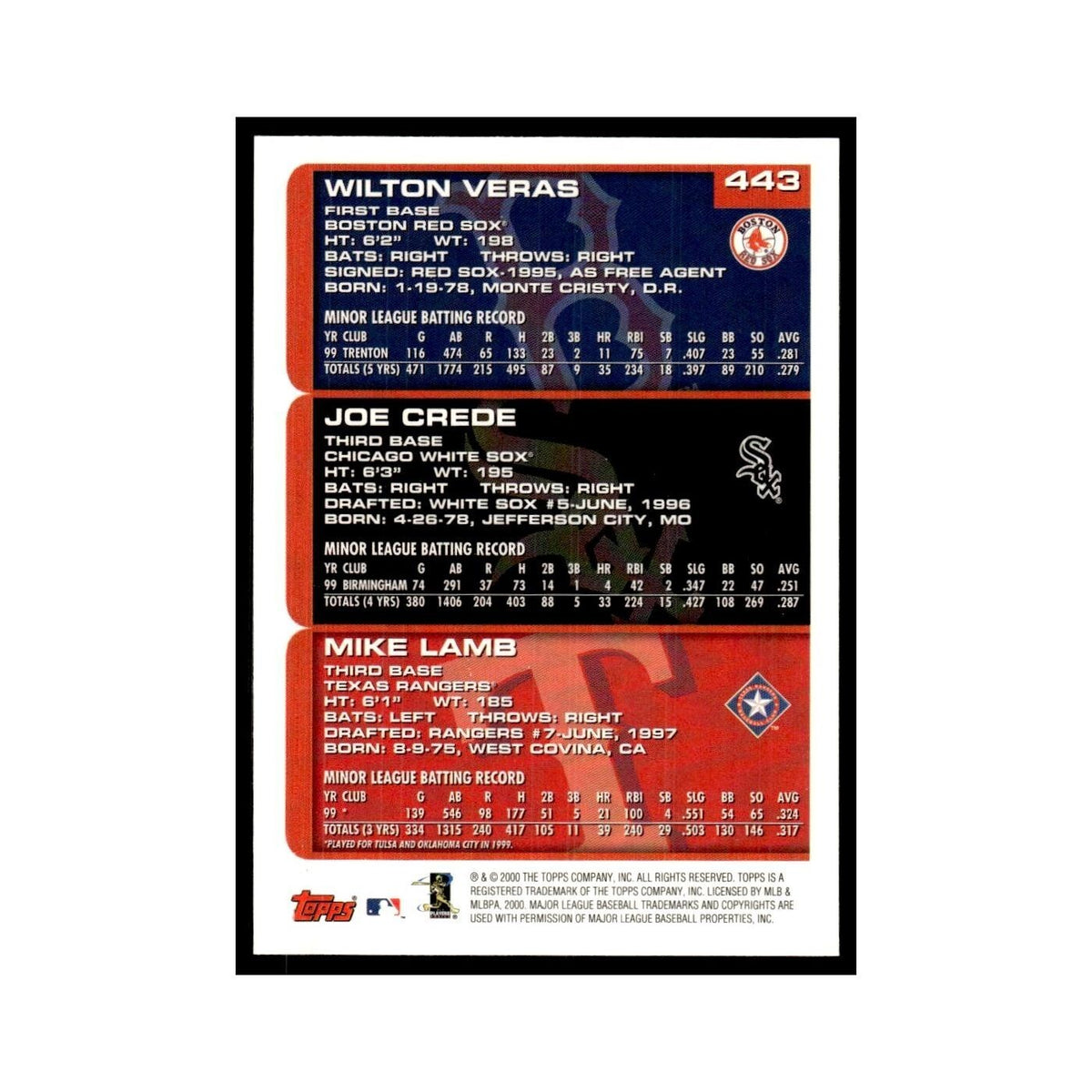Wilton Veras Joe Crede Mike Lamb Rookie 2000 Topps #443 Baseball Card NM