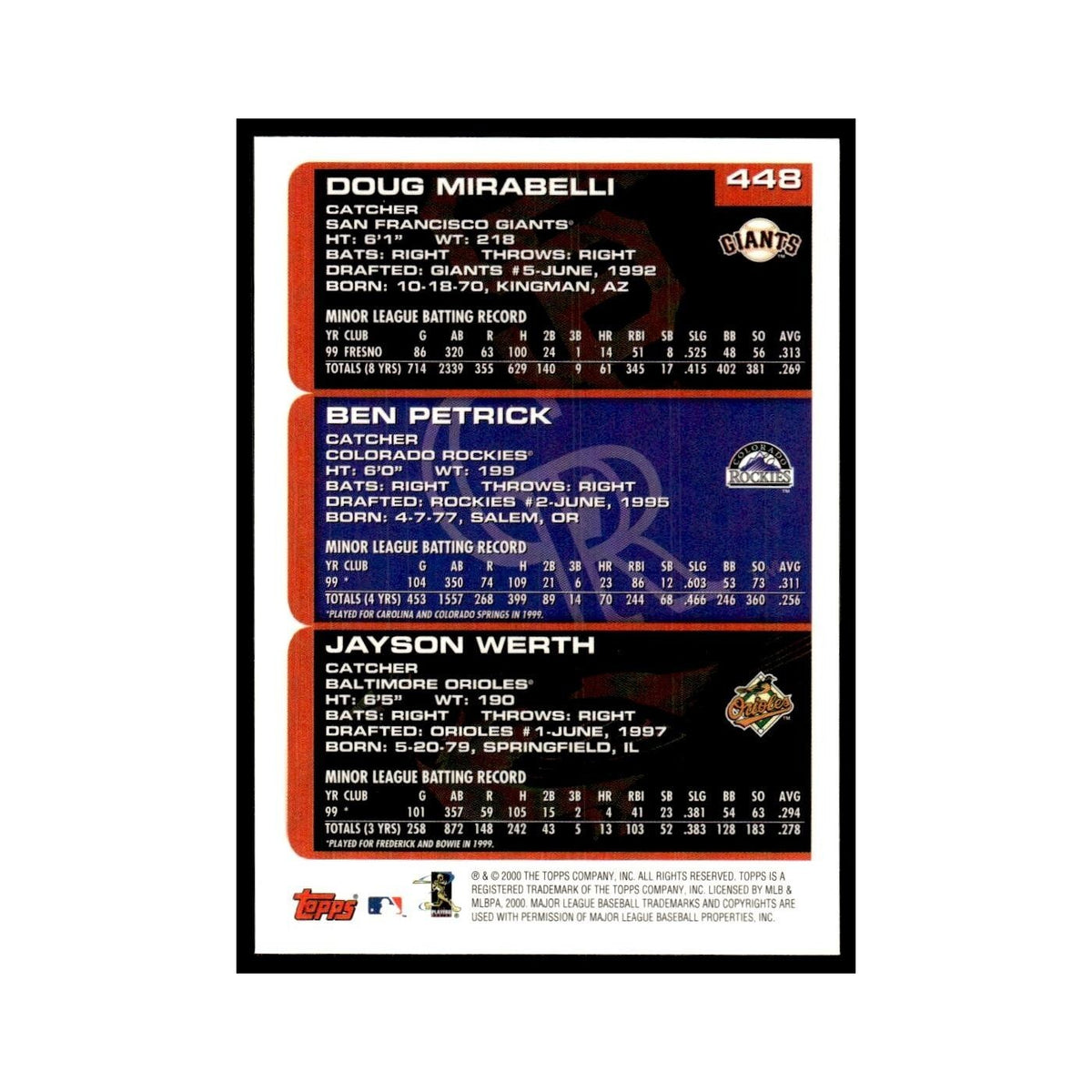 Doug Mirabelli Ben Petrick Jayson Werth 2000 Topps #448 Baseball Card NM